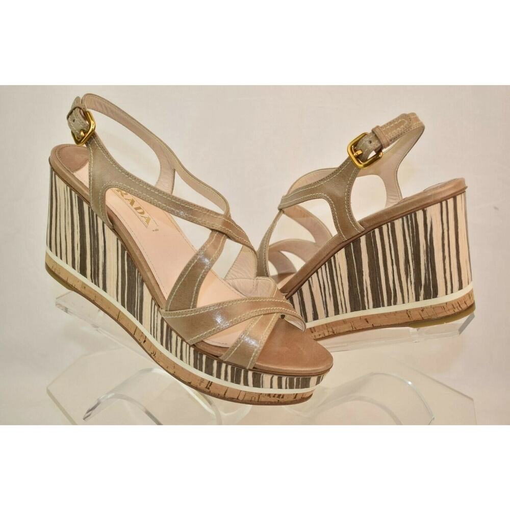 NIB PRADA 1XZ219 BEIGE BROWN WOODEN LEATHER WEDGE PLATFORM SANDALS 40.5 ITALY - Picture 3 of 8